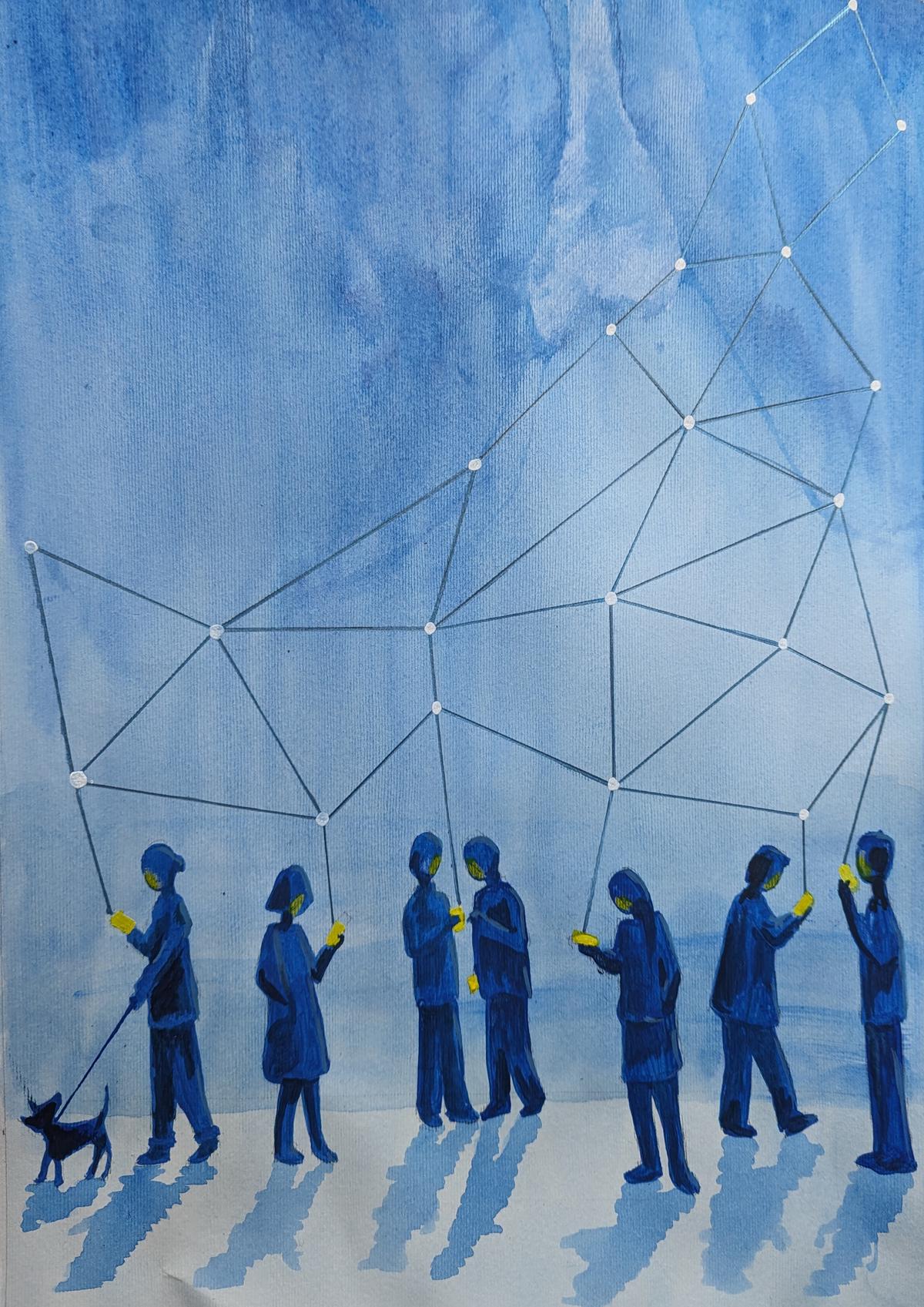 Illustration of people on digital devices with line drawing of network behind them across the sky.