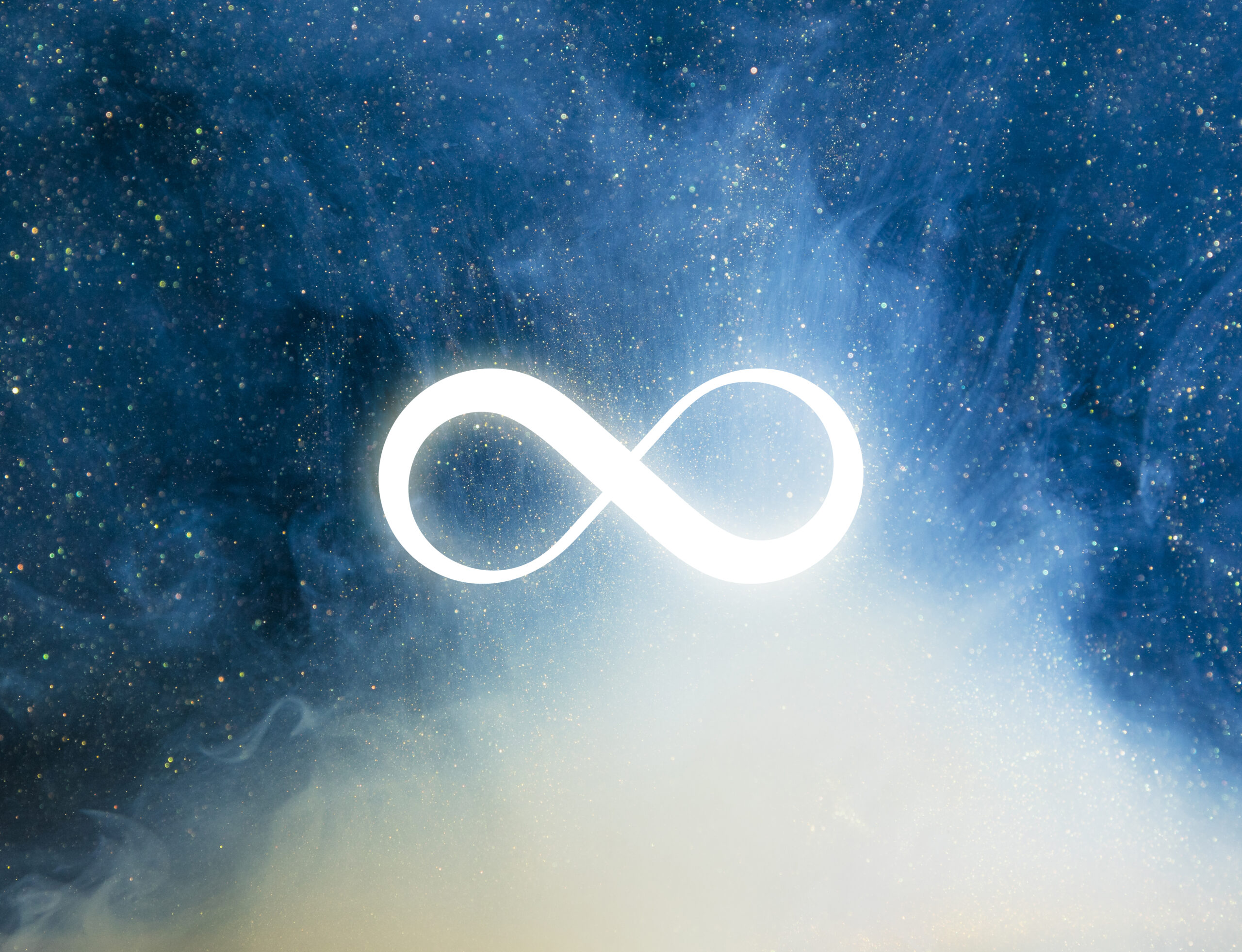 infinity symbol over an abstract blue background